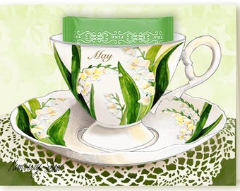 5月の誕生花であるスズランのティーカップカードとラズベリーティーのギフト。誕生日や毎月のメッセージに。（グリーティングカード）