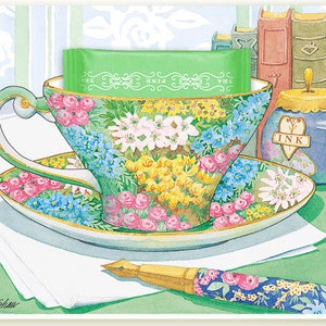 Set van zes tuin Chintz theekopje wenskaart met een theezakje van Pepermunt in elk