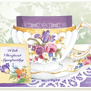 Carte de voeux Sympathy Teacup avec un vrai sachet de thé Paris caché dans la tasse de thé floral peinte