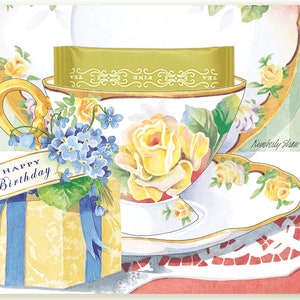 Cartão de felicitações de xícara de chá de presente de aniversário com um saquinho de chá de ervas de limão real para seu destinatário desfrutar por Kimberly Shaw Graphics