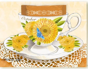 10月の誕生花であるマリーゴールドをモチーフにしたティーカップ型グリーティングカード。カフェインレス紅茶のギフト付きで、紅茶好きの方の誕生日や秋のメッセージカードに最適です。