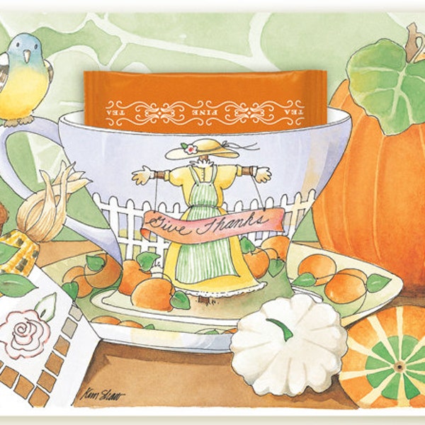 Give Thanks Teacup Greeting Card with Hot Cinnamon Spice Tea