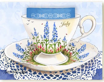 7月の誕生花、デルフィニウム（ヒエンソウ）のティーカップとオレンジペコーティーのグリーティングカード