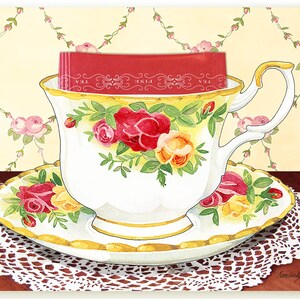 Country Rose Tea Cup Wenskaart met een echt English Breakfast-theezakje van kunstenaar Kimberly Shaw