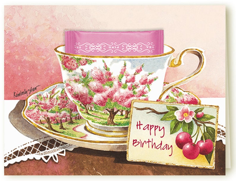 Cheery Birthday Teacup Greeting Card With a Raspberry Herbal Teabag, by