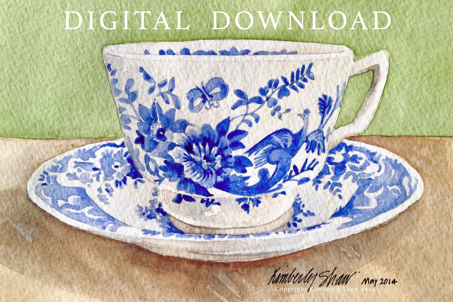8x12 Blue and White Teacup Watercolor Instant Download JPEG - Etsy