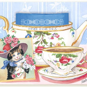 Biglietto d'auguri Kitty Teacup con una vera bustina di tè per gli amici amanti del tè, realizzato dall'artista Kimberly Shaw