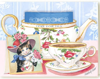Kitty Teacup Greeting card with a real tea bag for tea loving friends by artist Kimberly Shaw
