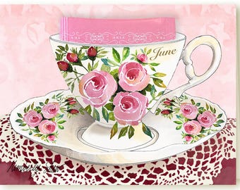 6月の誕生花であるバラをモチーフにしたティーカップカードとラズベリーティーのギフトセット。誕生日や毎月のメッセージにご利用いただけます（グリーティングカード）。