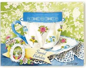 Special Birthday Teacup Greeting Card with a Orange Pekoe Teabag, by Kimberly Shaw