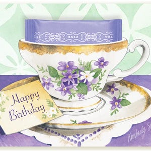 Cartão de felicitações de aniversário Violets Teacup com chá de Paris pela artista Kimberly Shaw