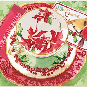 Woodland Holiday Christmas Teacup Greeting Card with a flavorful Holiday Teabag included for your recipient to enjoy, by Kimberly Shaw