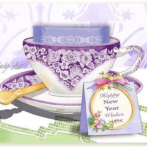 Carte de voeux de bonne année avec un sachet de thé Paris caché dans une tasse de thé violette peinte par l'artiste Kimberly Shaw