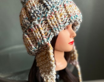 Super Chunky Ear flap Hat, Knitted Women's Beanie, Rainbow Knitted Beanie, Hat With Pom Pom, Free Domestic Shipping