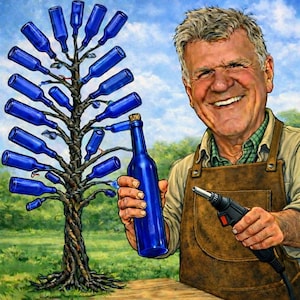 May include: An artistic illustration of a tree made of blue glass bottles. A man in a brown apron holds a blue bottle and a torch. The tree has a brown trunk and branches with the blue bottles attached.