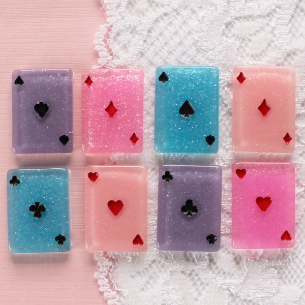 8 Pcs Glittery Pastel Suit Playing Card Cabochons - 22x16mm