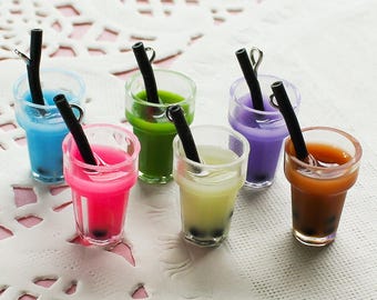 3D Assorted Boba Milk Tea Cups with Straw Cabochons with Eye-screw Charms - 28x13mm
