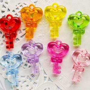 8 Pcs Assorted Big Transparent Heart Key Pendants - 37x25mm