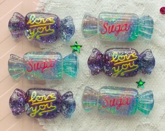 6 Pcs Assorted Galaxy Glitter Love You and Sugar Wrapped Candy Cabochons - 26x12mm