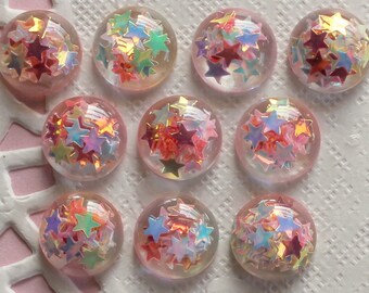 10 Pcs Star Iridescent Glitter Filled Clear Round Circle Cabochons - 12mm