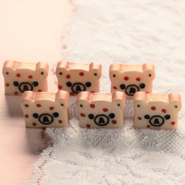 6 Pcs 3D Teddy Bear Toast Bread Slice Cabochons - 17x12mm