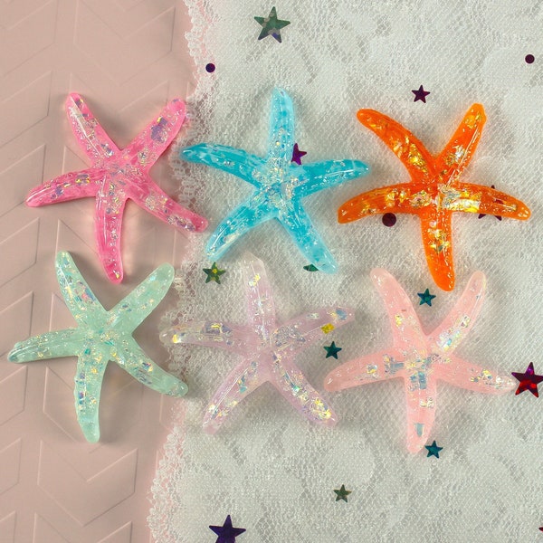 6 Pcs Tropical Assorted Holographic Glitter Embedded Starfish Cabochons - 42x40mm