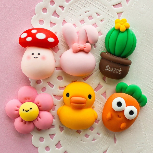 6 Pcs Matte Assorted Cute Puffy Animal and Plant Cabochons - 25x20mm