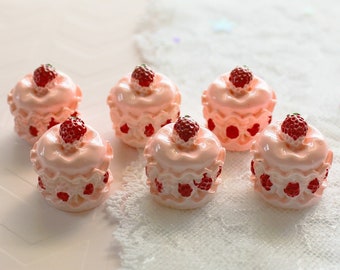 6 Pcs 3D Pink Strawberry Stuffed Macaron Cabochons - 16x16mm