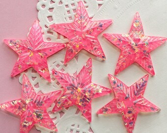 6 Pcs HUGE Hot Pink Star with Embedded Holographic Glitter Cabochons - 43x40mm