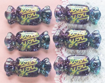 6 Pcs Assorted Galaxy Glitter Love You Wrapped Candy Cabochons - 26x12mm