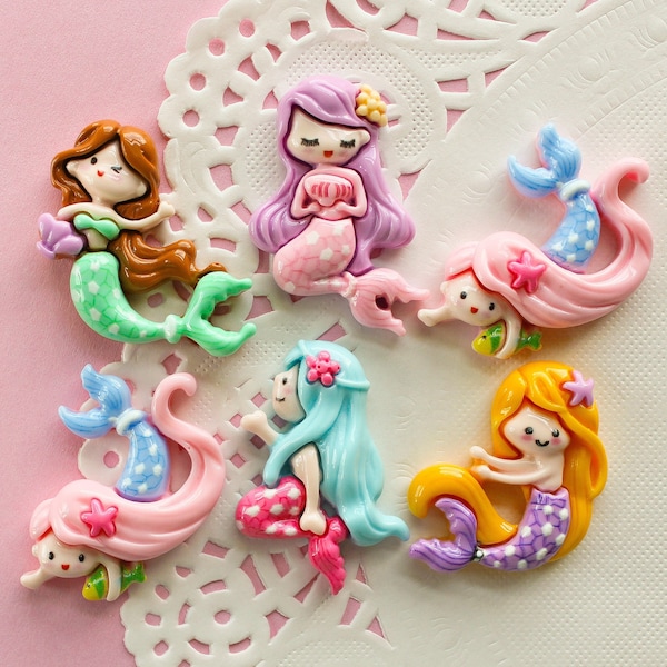 6 Pcs Assorted Swimming Mermaid Cabochons - 38x25mm