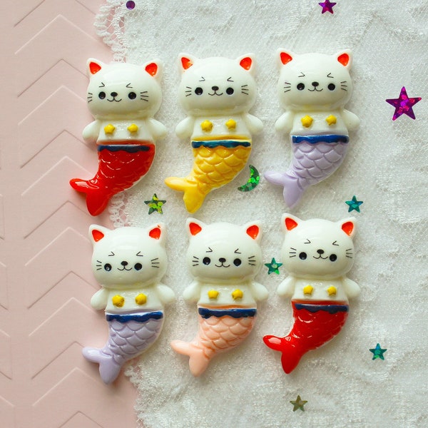 6 Pcs Assorted Kitty Cat Mermaid Cabochons - 34x22mm