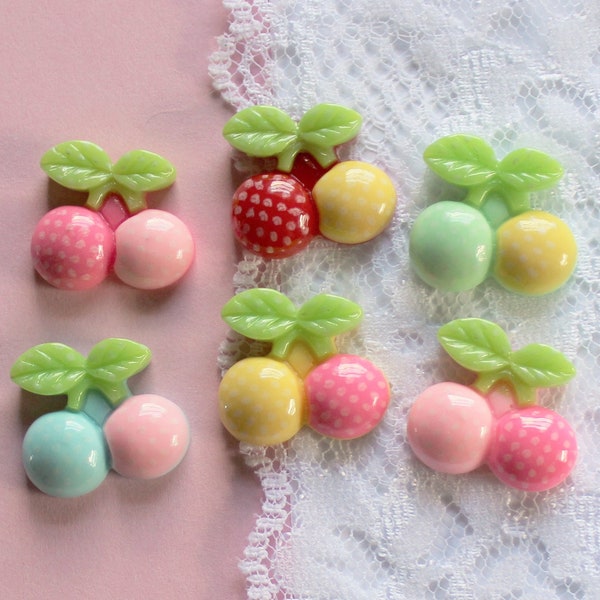 6 Pcs Assorted Pastel Polka Dot Cherry Cabochons - 21x19mm