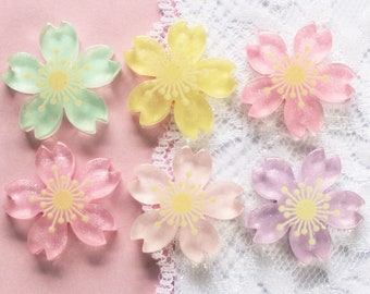 6 Pcs Assorted Glittery Cherry Blossom Flower Cabochons - 26x26mm