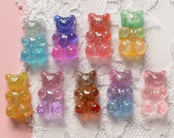 9 Pcs Assorted Realistic Transparent Glittery Color Transitioning Galaxy Gummy Bear Cabochons - 17x10mm