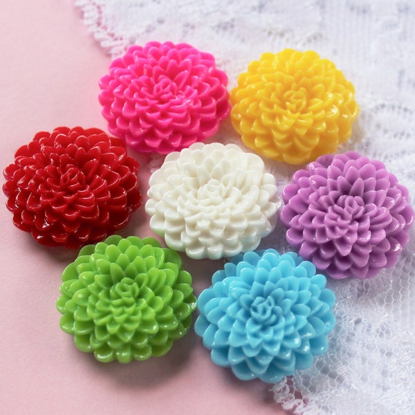 7 Pcs Assorted Intricate Chrysanthemum Pom Pom Flower Cabochons - 24x24mm