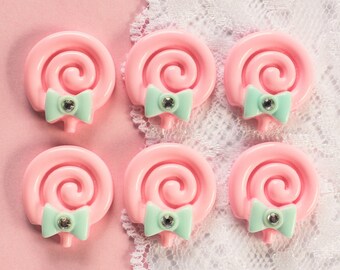 6 Pcs Pink Puffy Swirl Pastel Lollipop with Bow Cabochons - 36x24mm