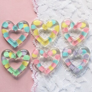 6 Pcs Large Clear Hearts with Embedded Pastel Dots Cabochons - 30x30mm