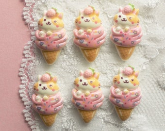 6 Pcs Cute Confetti Kitty Cat Ice Cream Cone Cabochons - 23x13mm