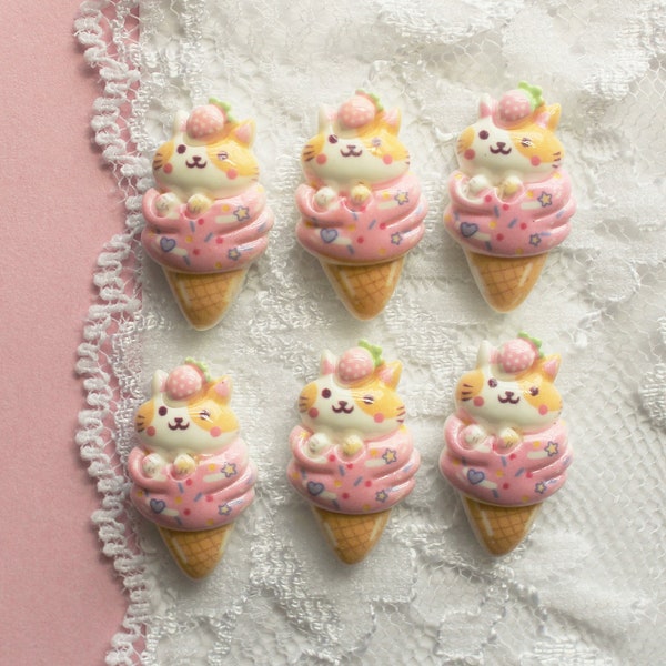 6 Pcs Cute Confetti Kitty Cat Ice Cream Cone Cabochons - 23x13mm