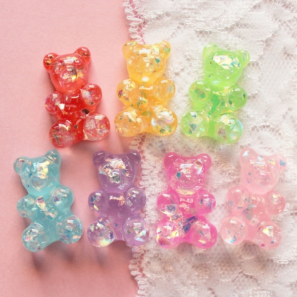 7 Pcs BIG Assorted Realistic Embedded Holographic Confetti Glitter Galaxy Gummy Bear Cabochons - 30x20mm