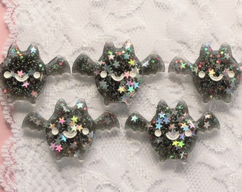 5 Pcs Happy Bat with Embedded Glitter Overload Cabochons - 38x30mm