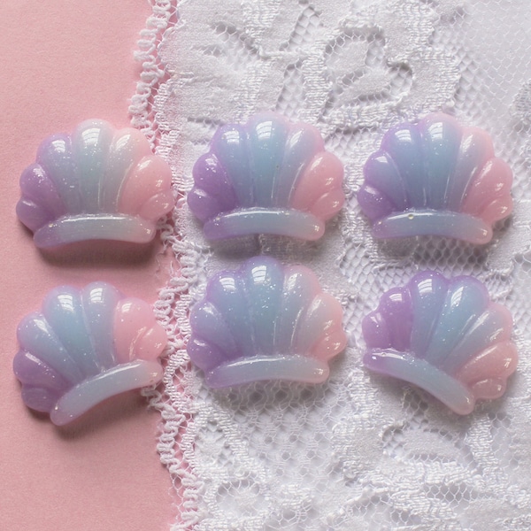 6 Pcs Pastel Color Transitioning Holographic Glitter Seashell Cabochons - 25x20mm