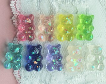 9 Pcs Assorted Realistic Transparent Glittery Color Transitioning Galaxy Gummy Bear Cabochons 17x10mm