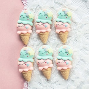 6 Pcs Smiley Pink and Blue Double Scoop Ice Cream Cabochons 33x19mm image 1