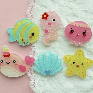 6 Pcs Laser Cut Glittery Sea Animal Cabochons - 23x20mm
