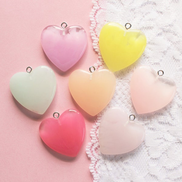 7 Pcs Big Assorted Cloudy Smoke Effect Heart Cabochons with Eye-screw Charms- 28x26mm