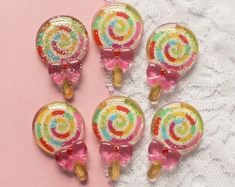 6 Pcs Transparent Glittery Carnival Lollipop Cabochons - 34x22mm
