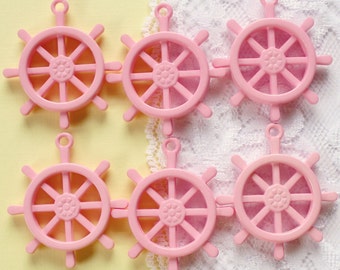 6 Pcs Pink Ship's Wheel Rudder Pendant - 36x32mm