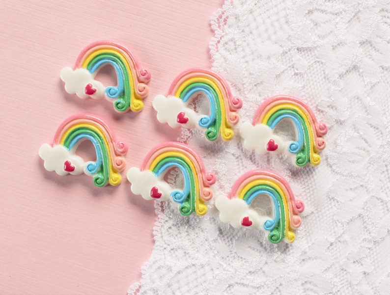 35x25mm 6 Pcs Swirly Rainbow On A Cloud Cabochons